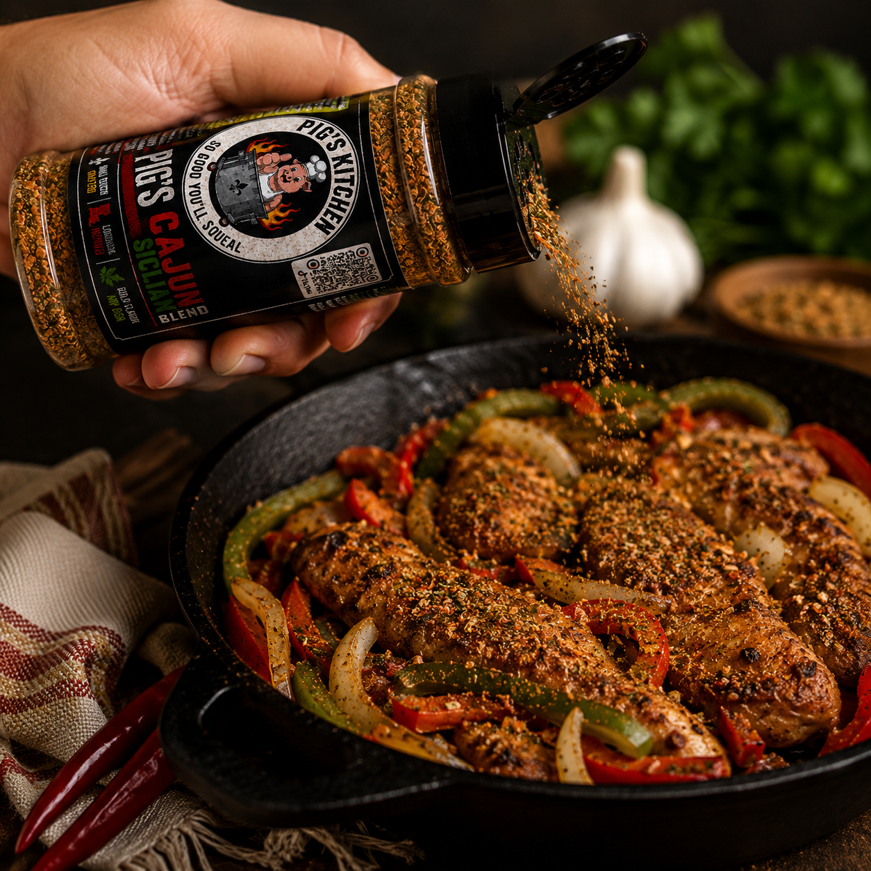 Pig's Cajun Sicilian Blend Seasoning in a black spice bottle with a Cajun-Italian herb and spice blend.