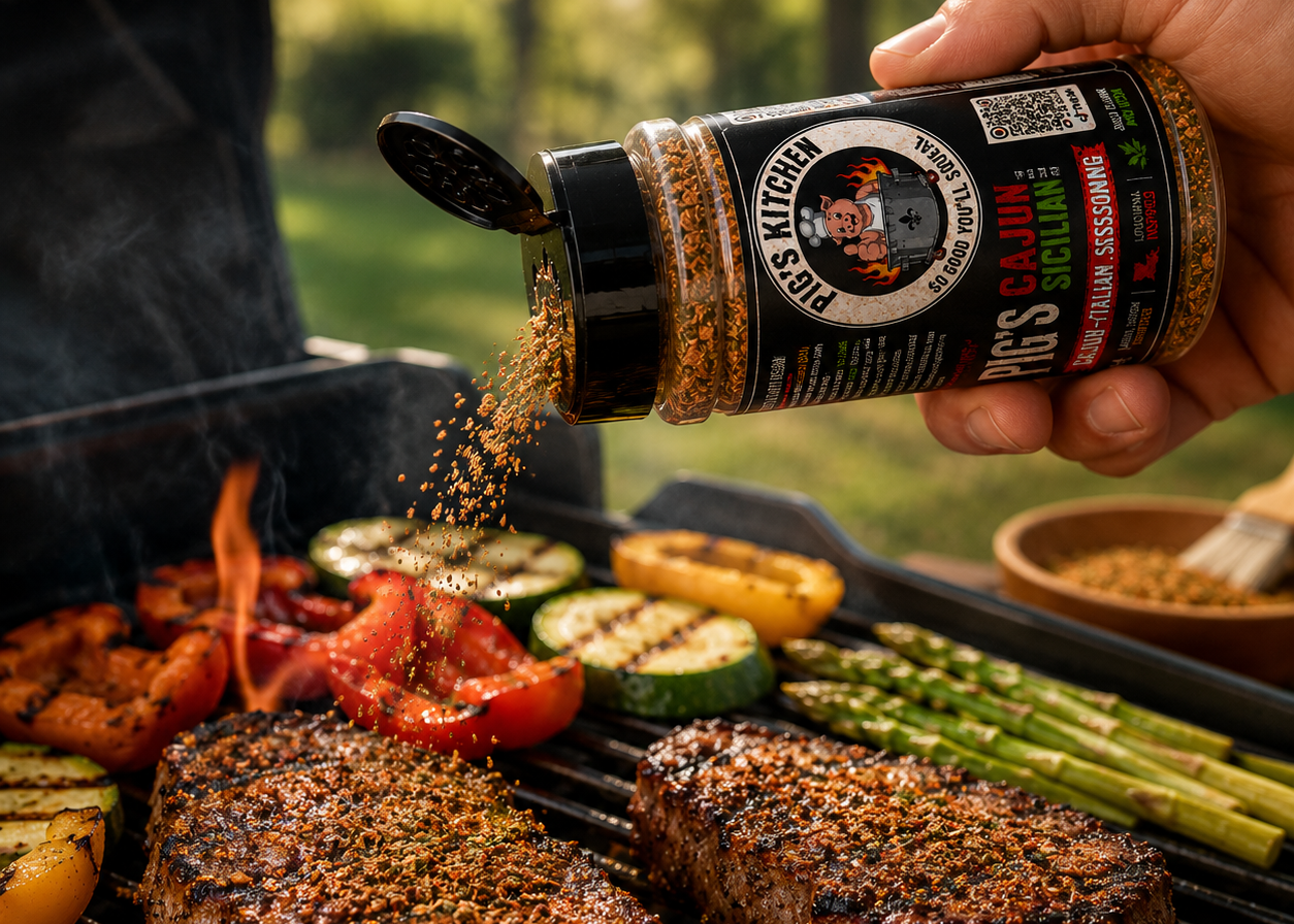 Pig's Cajun Sicilian Blend Seasoning in a black spice bottle with a Cajun-Italian herb and spice blend.