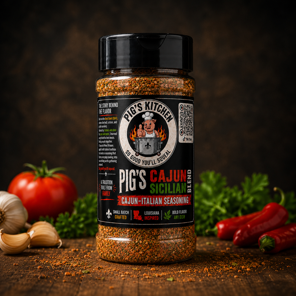 Pig's Cajun Sicilian Blend Seasoning in a black spice bottle with a Cajun-Italian herb and spice blend.